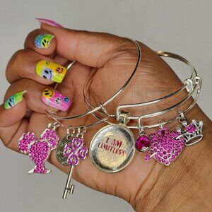 I Am Limitless Dark Pink Affirmation Manifestation Silver Bangle Set